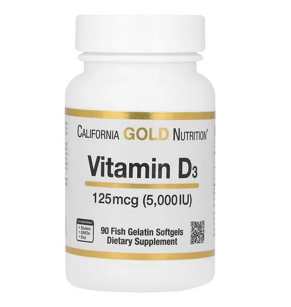 California Gold Nutrition, Витамин D3, 125 мкг (5000 МЕ), 90 рыбно-желатиновых капсул