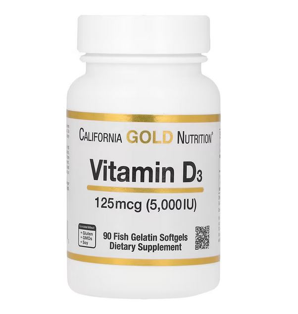 California Gold Nutrition, Витамин D3, 125 мкг (5000 МЕ), 90 рыбно-желатиновых капсул